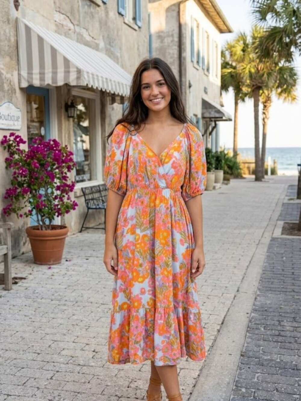 Mittoshop Bohi Floral Puff Sleeve Empire Elastic Waist Midi Dress Size Medium